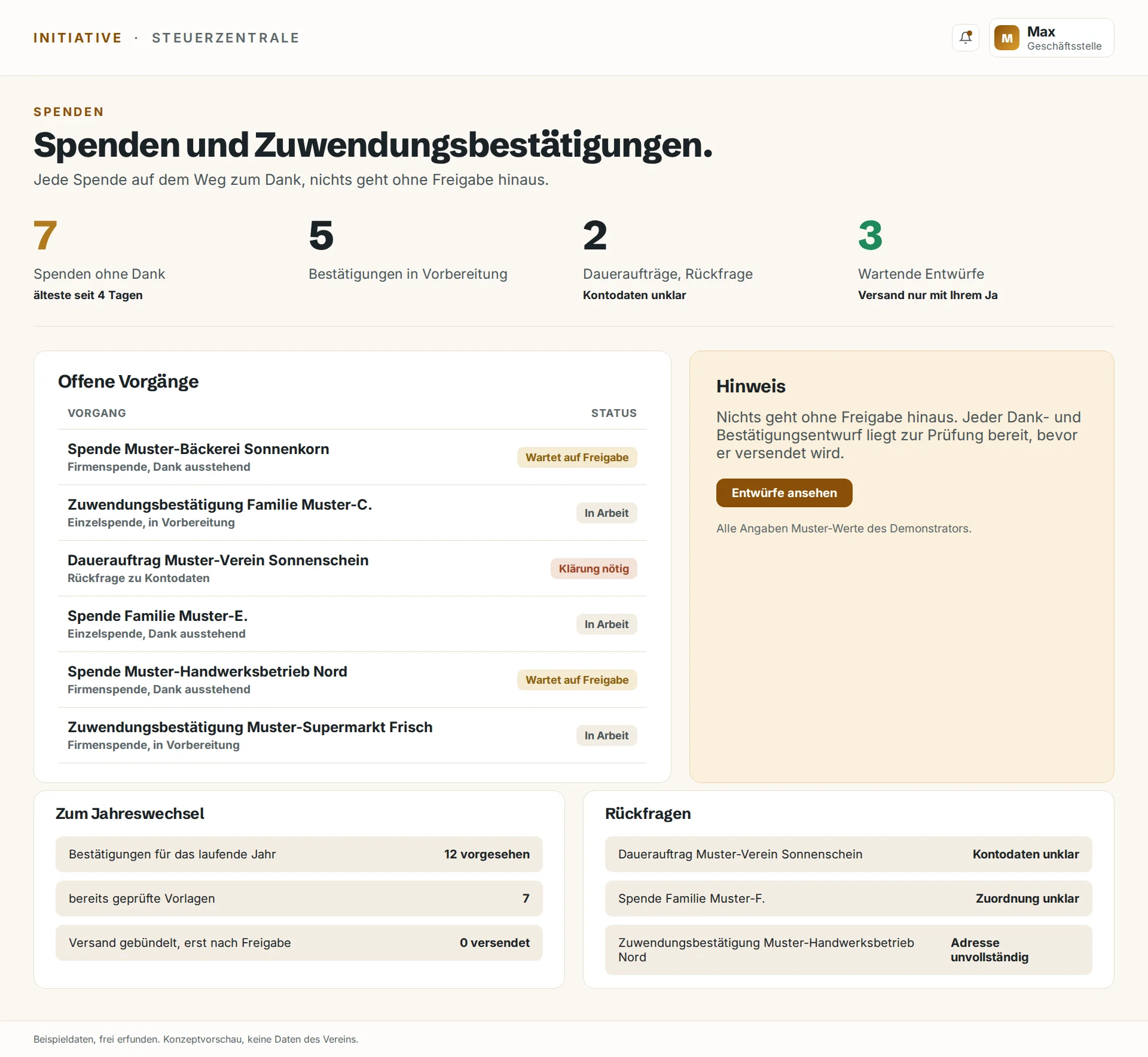 Betriebssystem, Spenden und Bestätigungen im Griff. Beispieldaten.