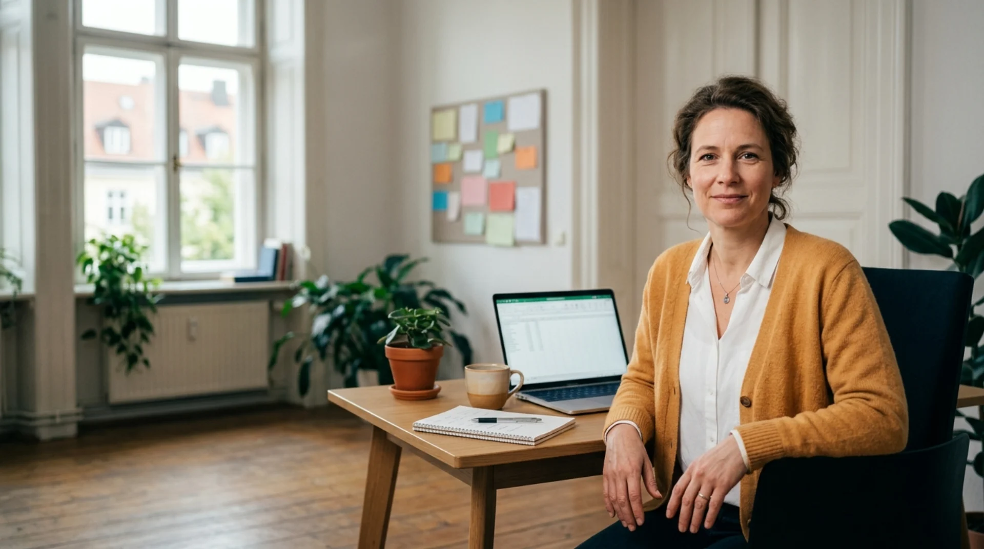 Mitarbeiterin einer Vereinsgeschäftsstelle am Schreibtisch mit Laptop, Konzeptvisualisierung, keine reale Person des Vereins