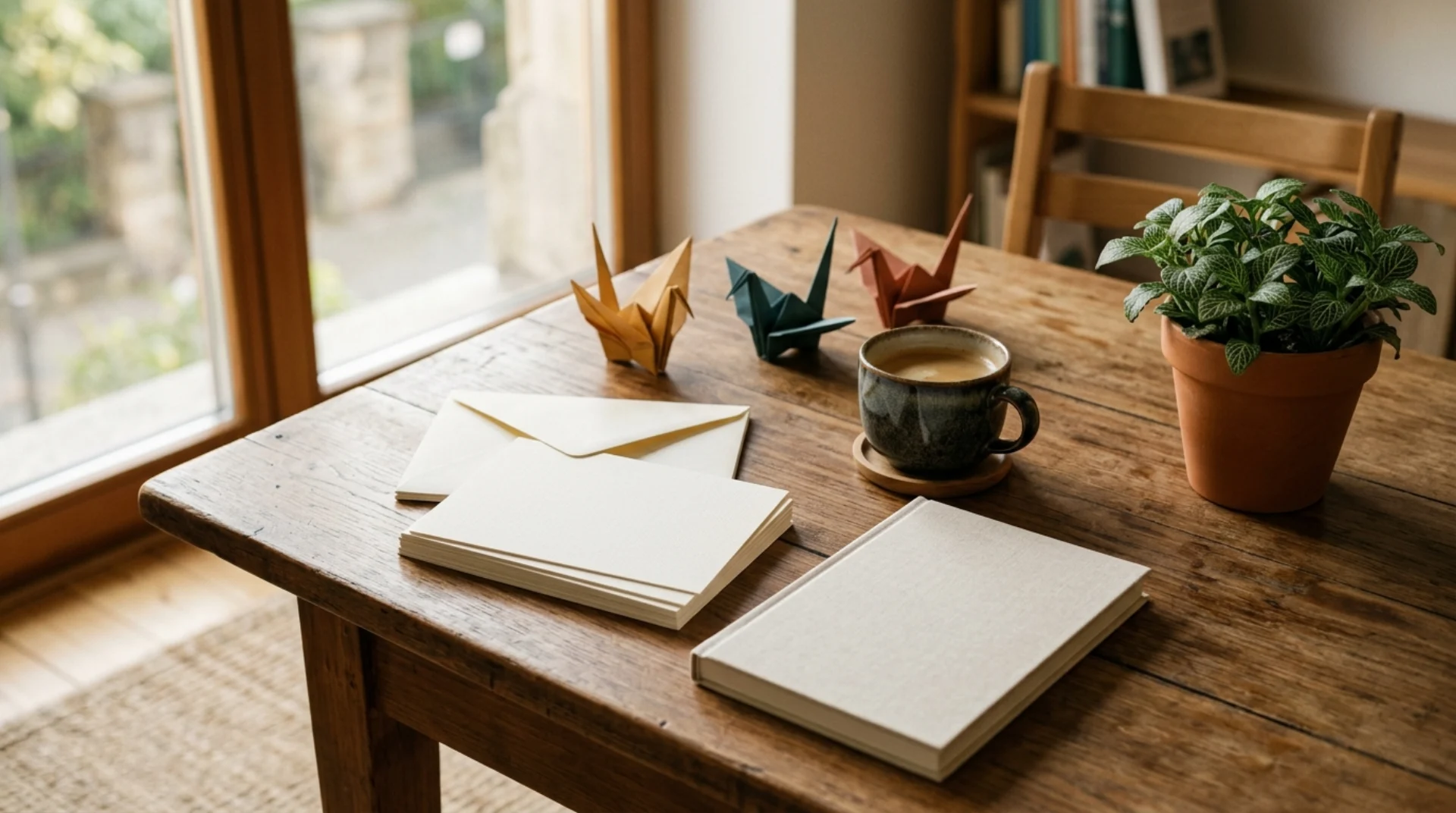 Schreibtisch am Morgen mit Dankeskarten, Papierkranichen und Kaffee, Konzeptvisualisierung